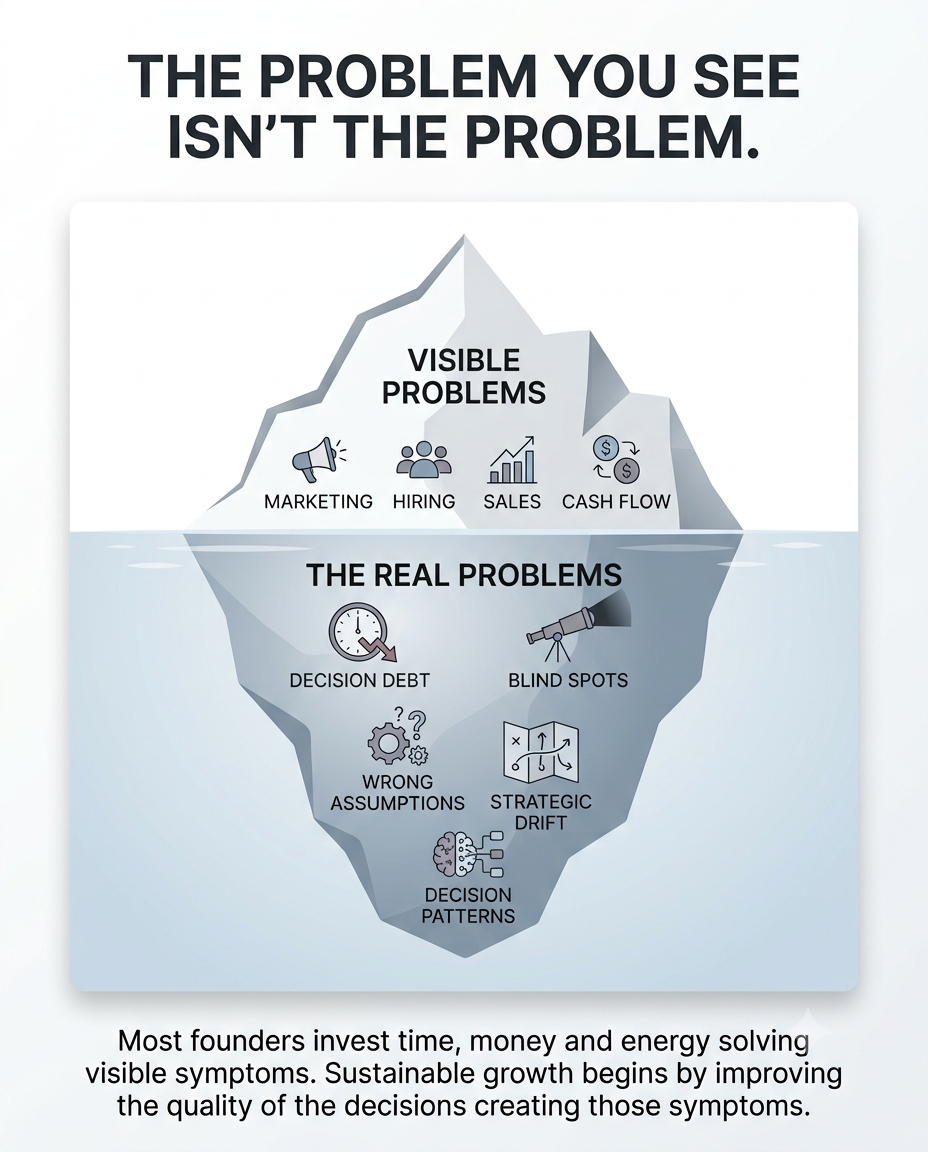 The problem you see isn&rsquo;t the problem &mdash; visible problems such as marketing, hiring, sales and cash flow sit above the waterline, while decision debt, blind spots, wrong assumptions, strategic drift and decision patterns sit below it